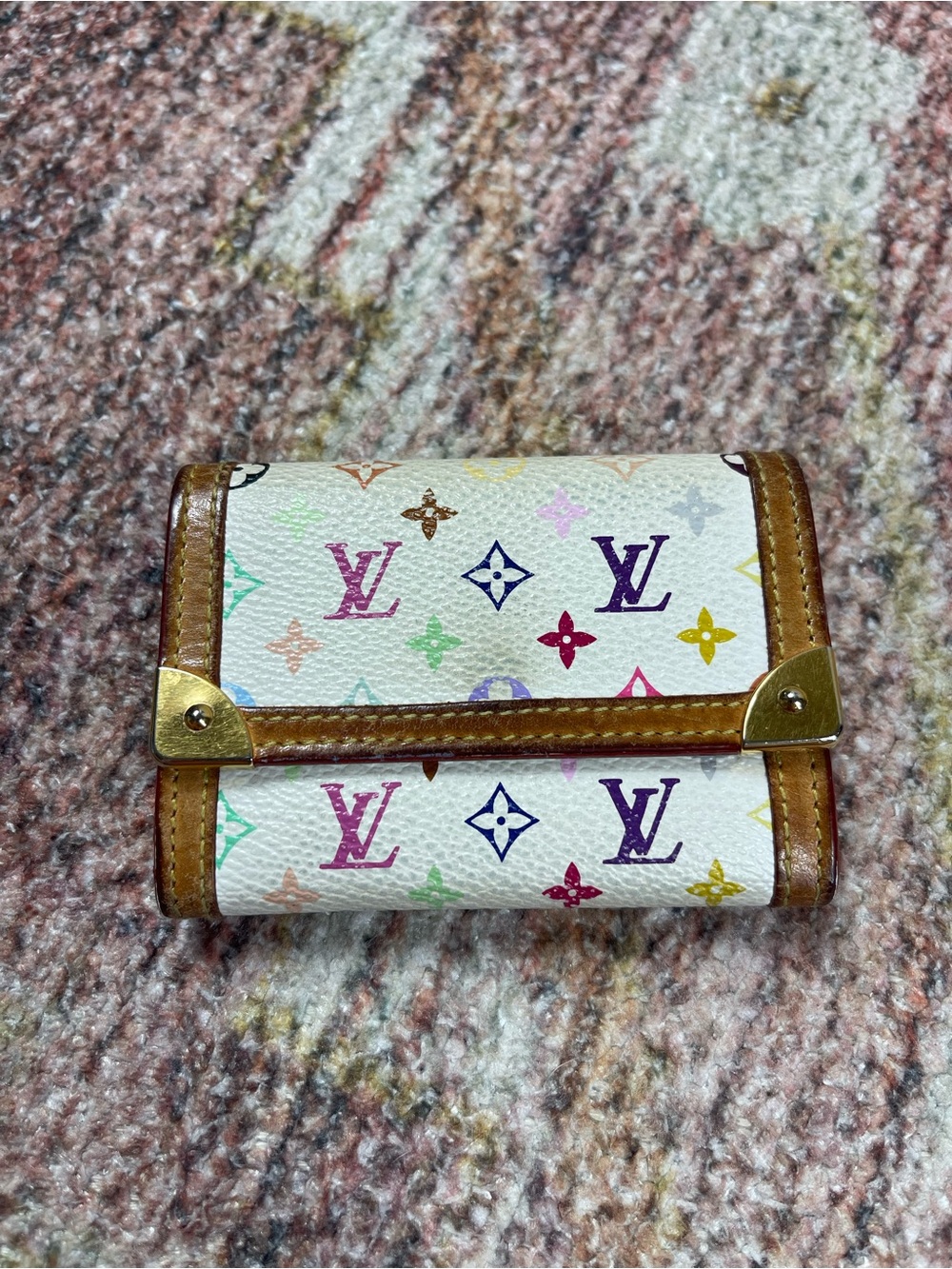 Louis Vuitton Monogram Multicolor Porte-Monnaie Plat Coin Purse White Authentic